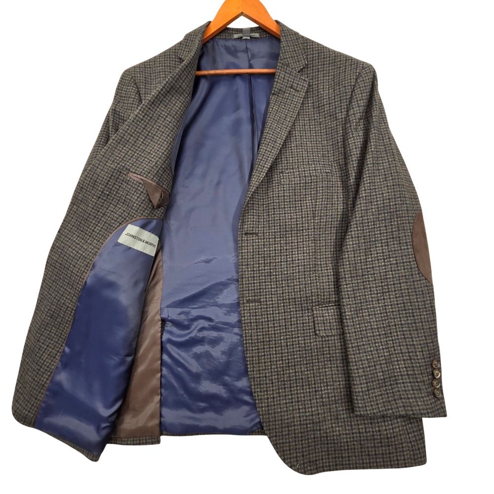 Johnston & Murphy Mens XL Wool Blend Brown Blue Plaid Blazer Elbow Patches